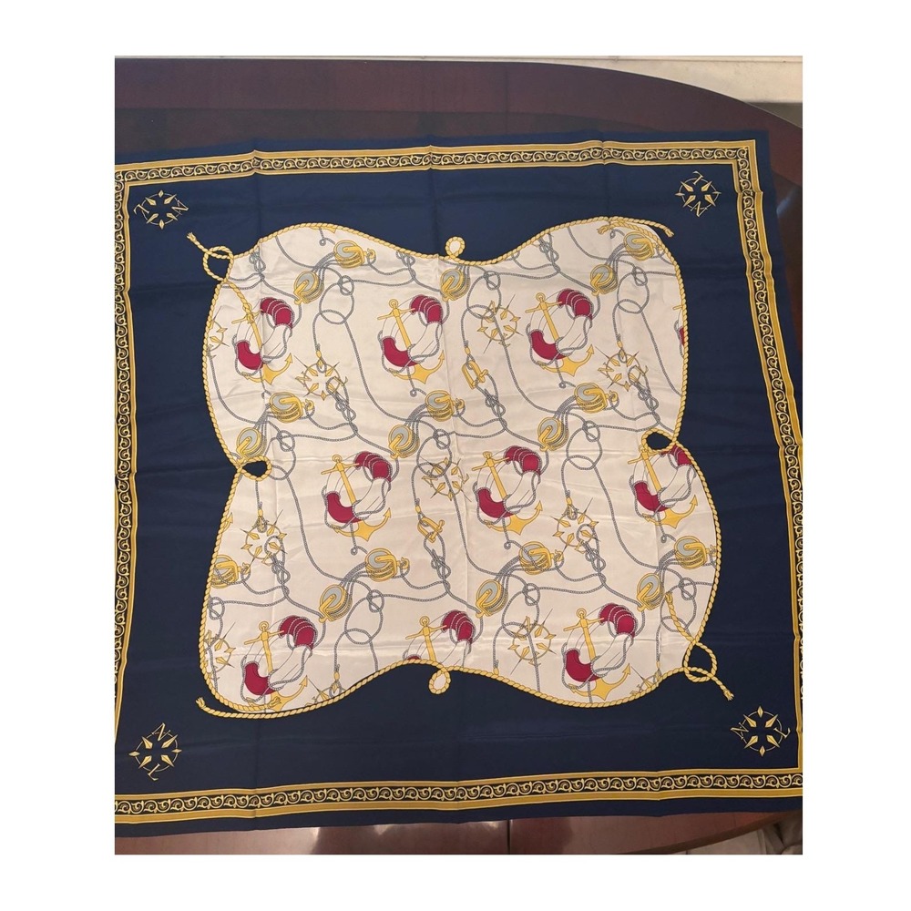 Cravat Club Navy Blue Nautical Silk Square Scarf Anchor Compass Print‎ 34x33